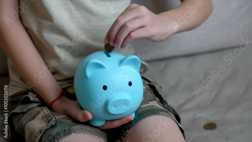 A young child places coins into a bright blue piggy bank while seated comfortably on a sofa. The cozy ambiance highlights the importance of saving money at a young age.