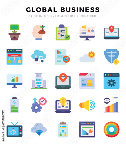 Set of 25 Global Business Flat Icons Pack.