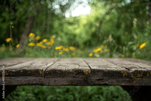 Wallpaper Mural Close-up of an old wooden table with a blurred green forest in the background. Nature concept. Summertime, spring nature with a blooming wild flower meadow and trees Torontodigital.ca