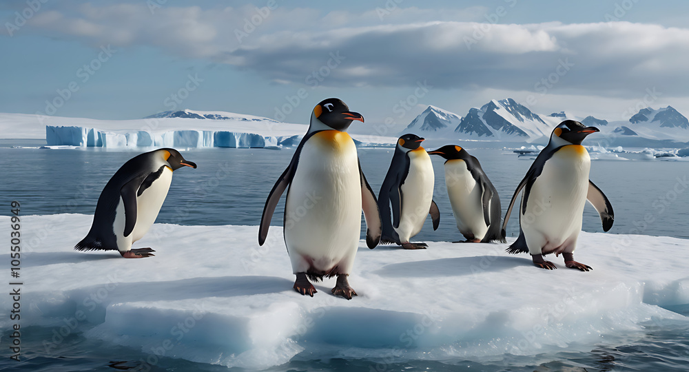 Obraz premium a colony of penguins standing together on an icy shore, with a few chicks nestled close to their parents