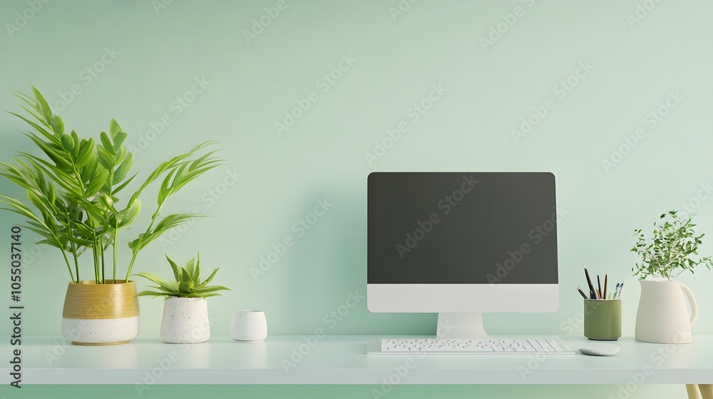 Modern workspace with green plants and technology Modern workspace with green plants and technology