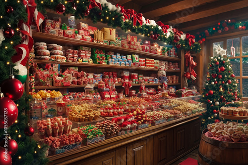 A festive store window display with a variety of Christmas candy and decorations photo