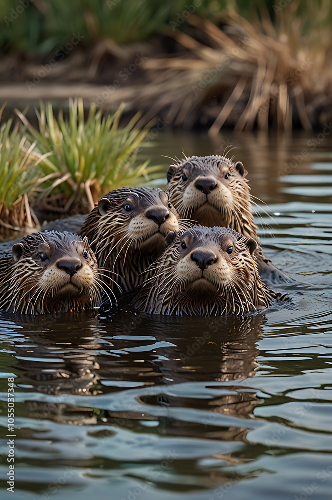 Gentle scene of a family of otters standing together on a riverbank, all looking forward with playful expressions, set against flowing water and reeds. Gentle scene of a family of otters standing together on a riverbank, all looking forward with playful expressions, set against flowing water and reeds.