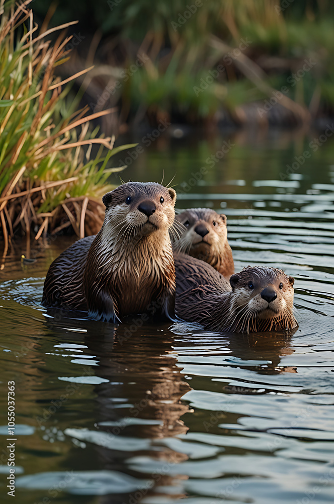 Gentle scene of a family of otters standing together on a riverbank, all looking forward with playful expressions, set against flowing water and reeds.