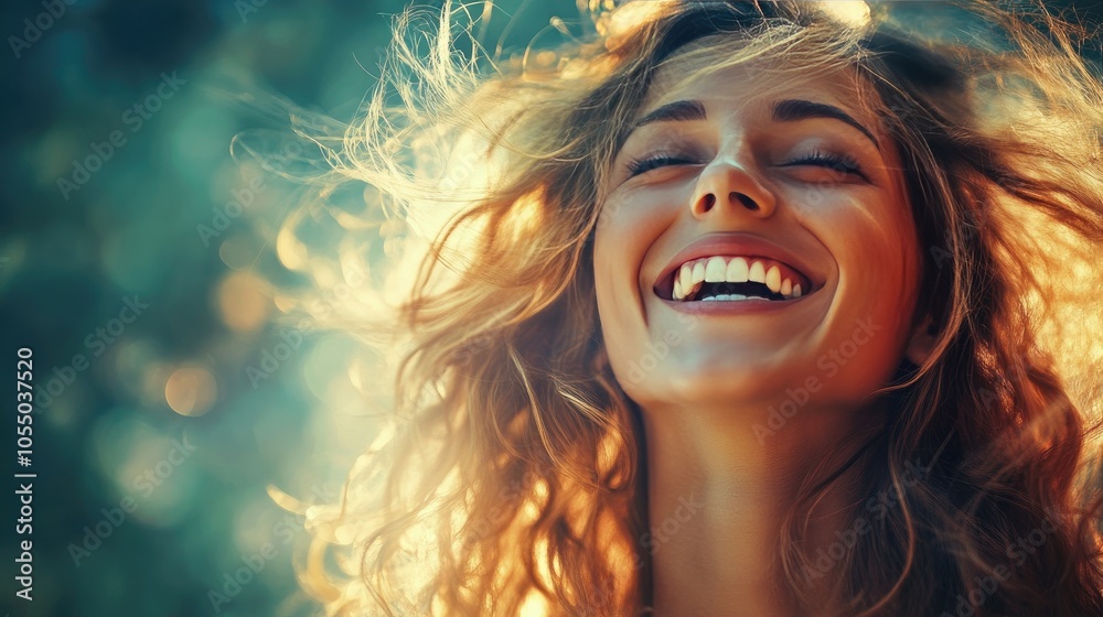 Woman laughing joyfully, her face full of happiness and energy.