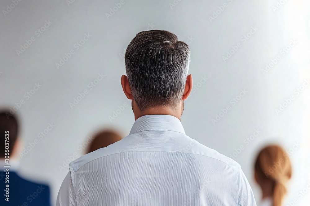 A group of people attending a seminar, focusing on the speaker from behind. Professional setting with soft background. A group of people attending a seminar, focusing on the speaker from behind. Professional setting with soft background.