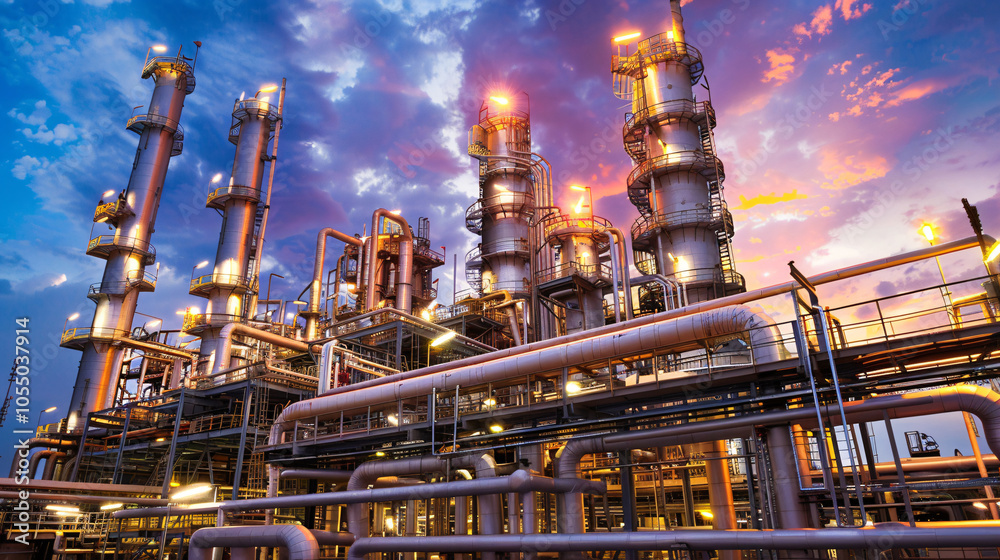 A complex oil refinery with tall processing towers and pipes illuminated at dusk, set against a vibrant evening sky, representing industrial energy production A complex oil refinery with tall processing towers and pipes illuminated at dusk, set against a vibrant evening sky, representing industrial energy production