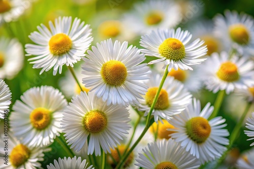 White flowers of daisy fleabane blooming in spring, asymmetrical