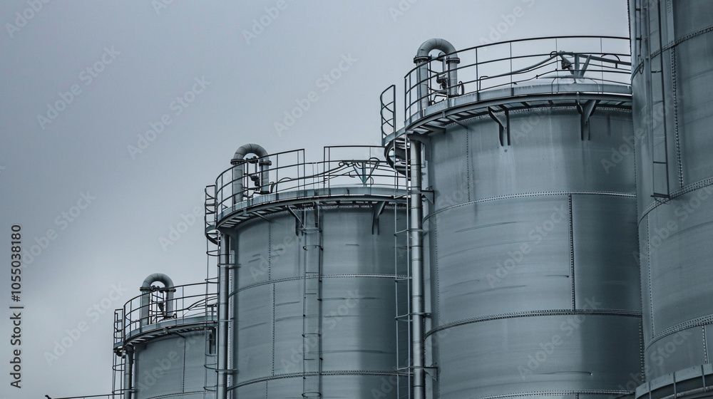 Close-up of large metal storage tanks with industrial piping and railings, set against a grey, overcast sky, highlighting industry infrastructure