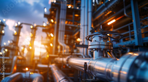 Close-up of metal pipelines and valve in an industrial setting at sunset, capturing the essence of energy production and engineering