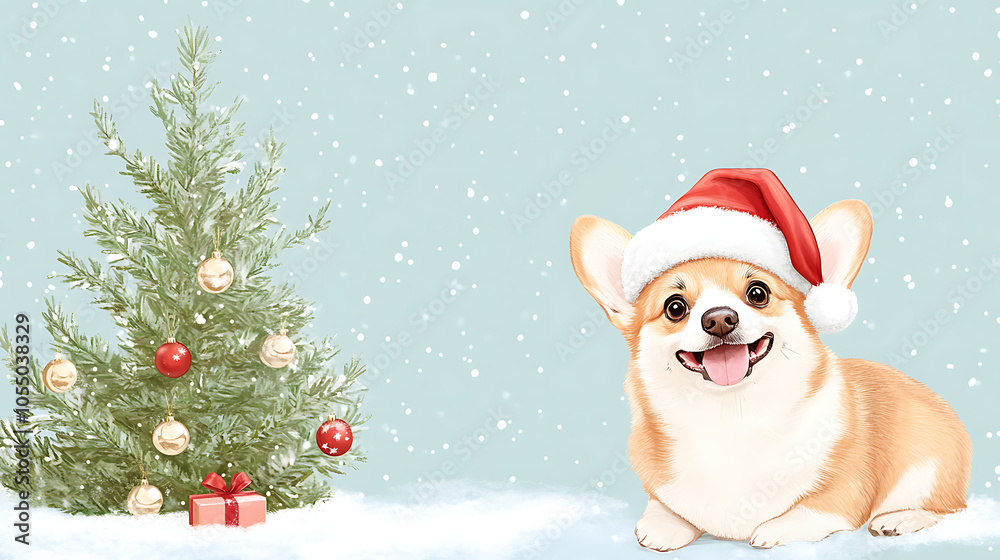 Cute Dog in Santa Hat by Christmas Tree Cute Dog in Santa Hat by Christmas Tree