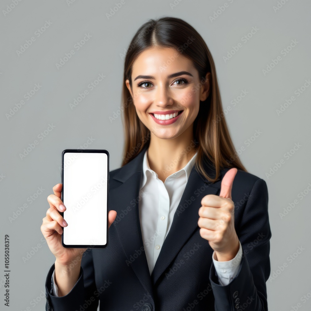 Smiling young brunette woman in a white blouse presenting a smartphone with a blank screen Smiling young brunette woman in a white blouse presenting a smartphone with a blank screen