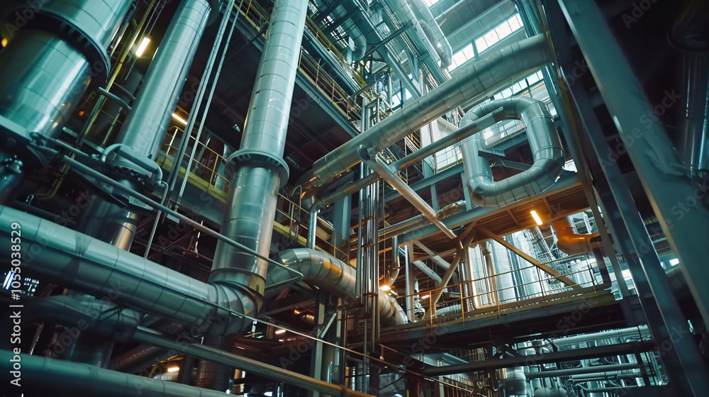Complex network of metal pipes and structures inside a modern industrial facility, showcasing engineering, infrastructure, and industrial technology Complex network of metal pipes and structures inside a modern industrial facility, showcasing engineering, infrastructure, and industrial technology