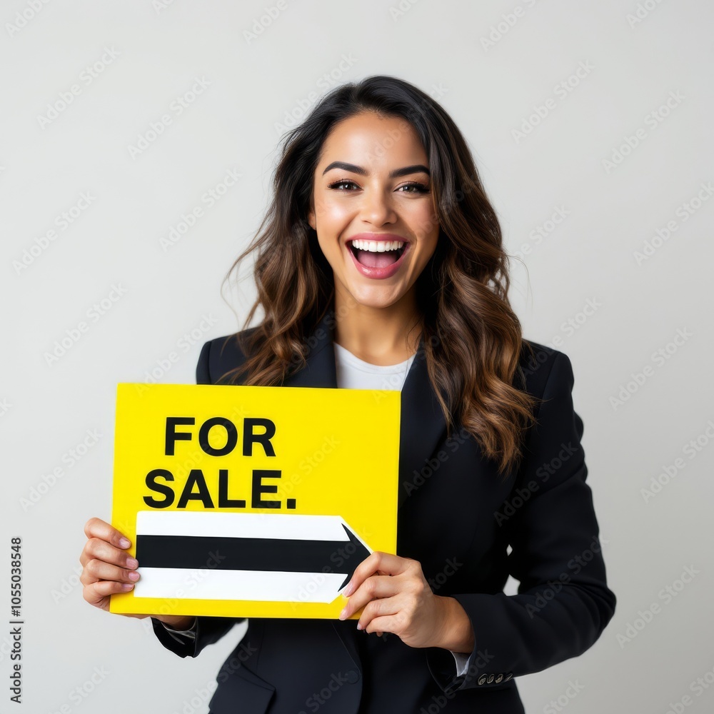 Photo portrait of attractive young woman hold raise sale Photo portrait of attractive young woman hold raise sale