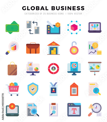 Global Business icons Pack. Flat icons set. Global Business collection set. Simple vector icons.