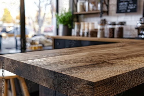 Empty, beautiful wooden tabletop counter in a clean and bright interior background, ready for the display of a product.