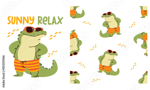 Collection of vector prints for printing on children's products. Cute crocodile wearing sunglasses and beach shorts. Seamless vector pattern, lettering . Vector illustration