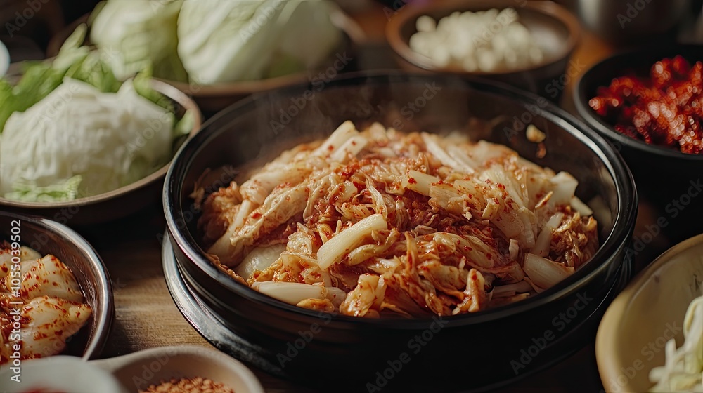 A Korean kimchi-making session with various ingredients like cabbage, garlic, and red pepper flakes. A Korean kimchi-making session with various ingredients like cabbage, garlic, and red pepper flakes.