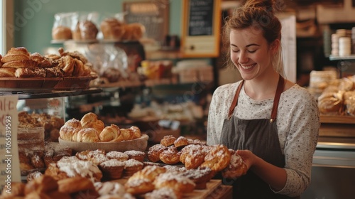 A smiling woman in an apron displays fresh pastries in a cozy bakery filled with various baked goods.