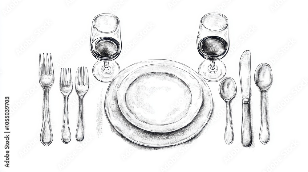 Vector cutlery set of plate,fork,spoon, knife,Table setting,top view,Vector hand drawn illustrations type of christmas dinner table,isolated illustration on white background,holiday greeting design. Vector cutlery set of plate,fork,spoon, knife,Table setting,top view,Vector hand drawn illustrations type of christmas dinner table,isolated illustration on white background,holiday greeting design.