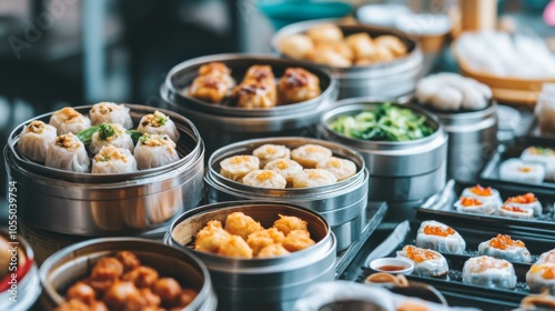 Bright Display of Steamed and Fried Food Items