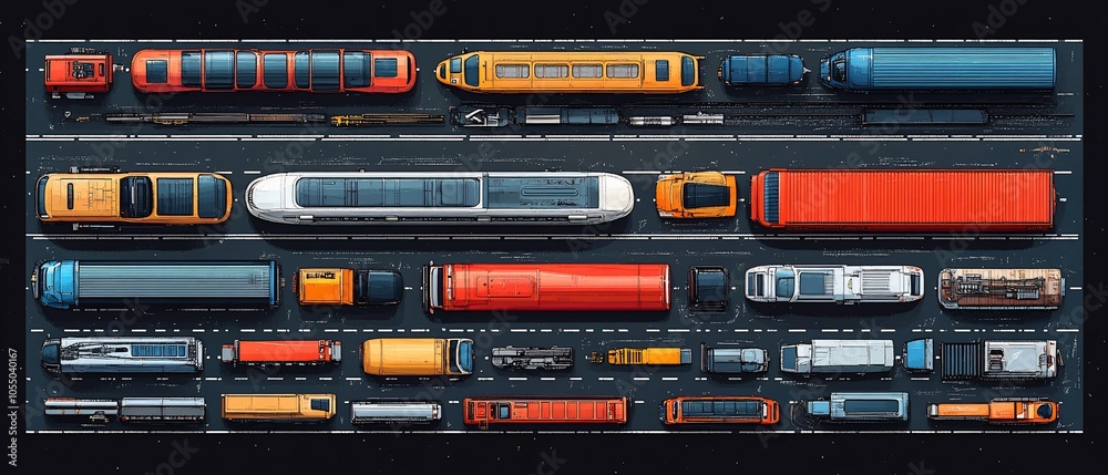 Aerial view of various vehicles and containers on a busy transport route. Aerial view of various vehicles and containers on a busy transport route.