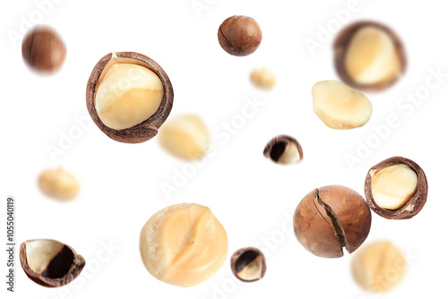 Shelled and unshelled organic macadamia nuts falling on white background. Falling macadamia nuts, selective focus