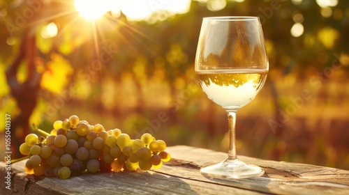 A glass of white wine on a wooden table with grapes, sun shining through the vineyard