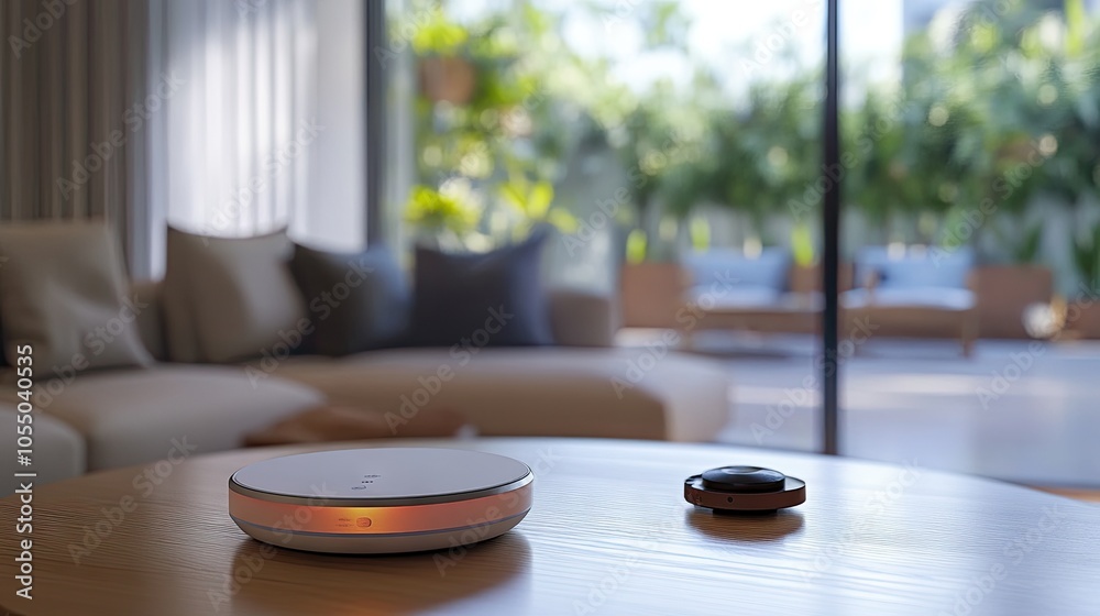 A smart home device on a living room table, showing voice command capabilities. A smart home device on a living room table, showing voice command capabilities.