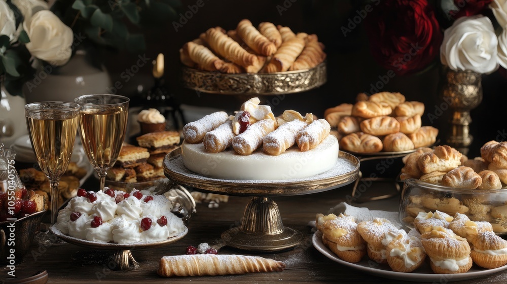 A traditional Italian dessert table with cannoli, panna cotta, and biscotti.