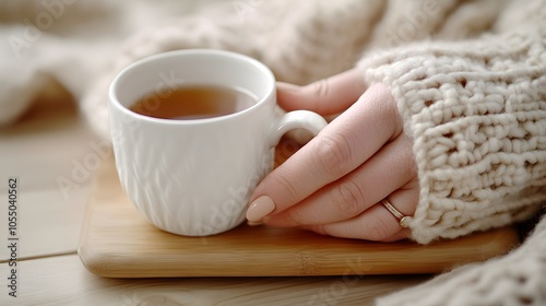 A cozy scene featuring a hand holding a white cup of tea, set on a wooden surface with a soft, knitted sweater in the background.