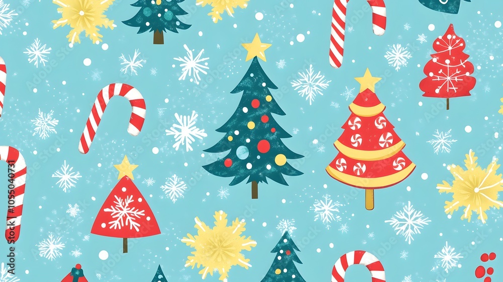 A pattern of cute cartoon Christmas trees snowflakes and candy canes with bright festive colors A pattern of cute cartoon Christmas trees snowflakes and candy canes with bright festive colors