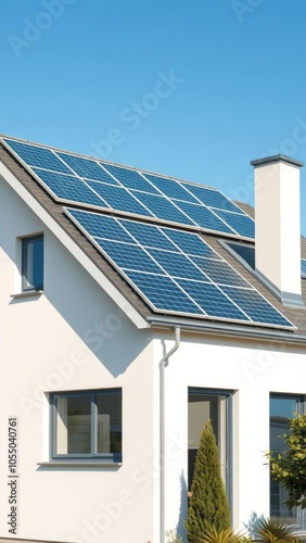 Modern house with solar panels on the roof utilizing renewable energy for a sustainable future in a clear sunny environment solar panel Ultra realistic Photorealistic 