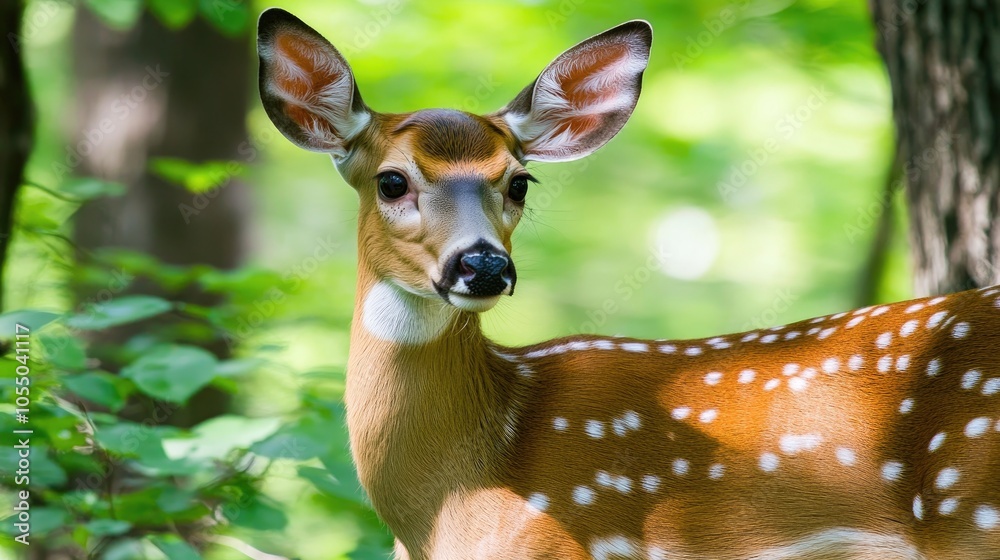 Alert deer looking over its shoulder in a forest. Alert deer looking over its shoulder in a forest.