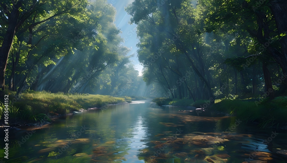 Serene River Reflecting Forest Surroundings Serene River Reflecting Forest Surroundings