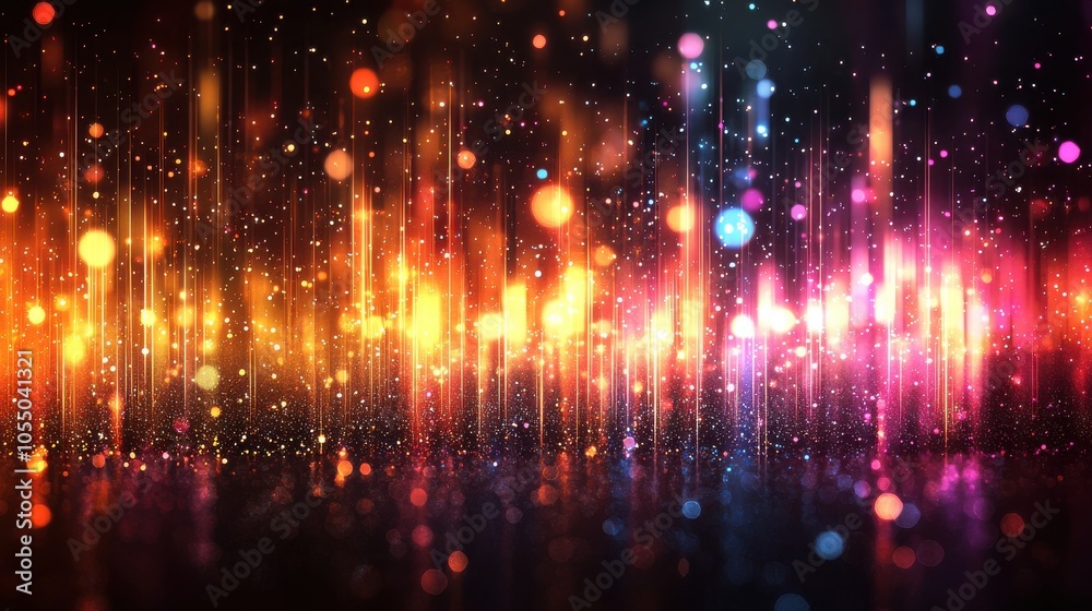 Colorful light trails and sparkling effects create an energetic atmosphere in an abstract digital artwork showcasing vibrant patterns