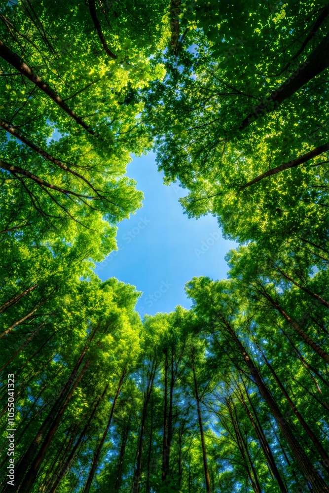 Fototapeta premium Lush green tree canopy against a clear blue sky, nature's tranquility, vibrant foliage.
