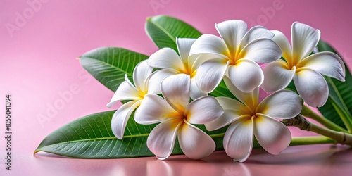 White flowers Plumeria with green leaves isolated on pink background