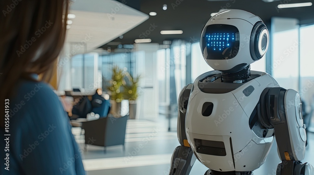 Artificial intelligence robot interacting with a human in an office setting. Artificial intelligence robot interacting with a human in an office setting.