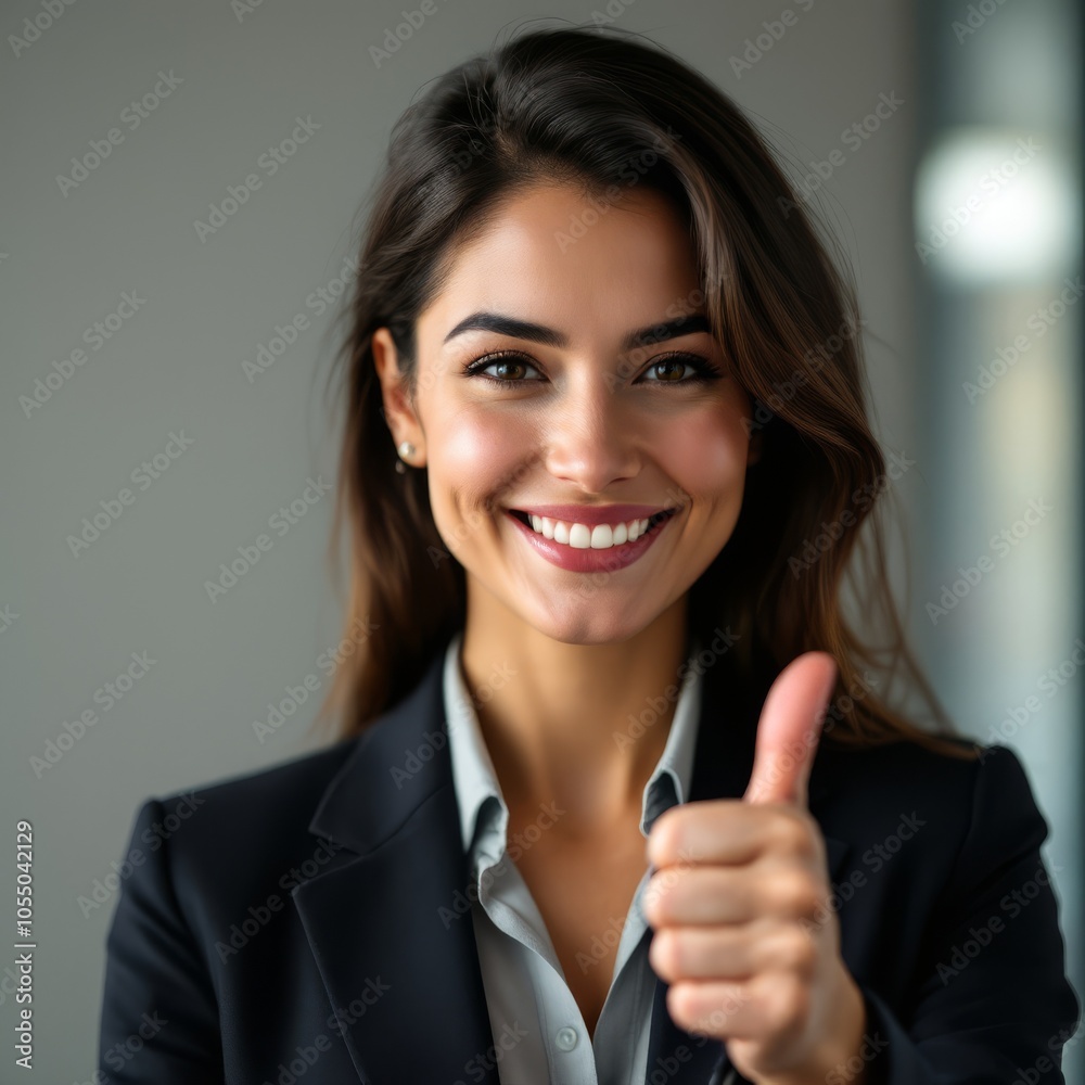 Attractive young woman , brunette, with a beaming smile, giving a thumb up gesture of approval and success Attractive young woman , brunette, with a beaming smile, giving a thumb up gesture of approval and success