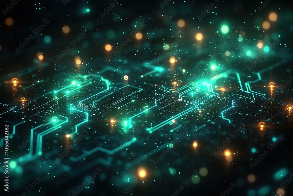 Obraz premium Abstract glowing circuit board with green and yellow lights.