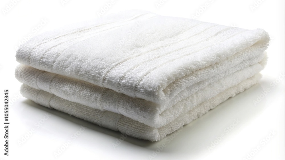 white fluffy towel, textured stripe detail, folded, neat, white background, aerial view white fluffy towel, textured stripe detail, folded, neat, white background, aerial view