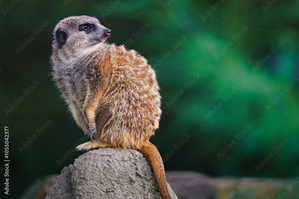 Fototapeta premium Meerkat on a rock with green background.