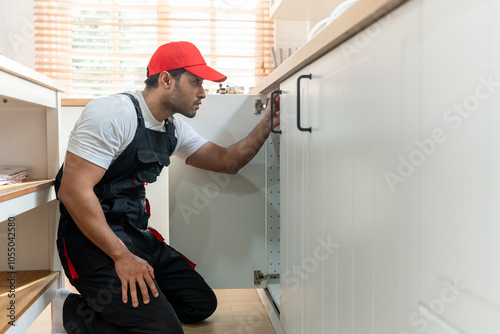 Caucasian repair man installs and adjusts a new counter in kitchen at home. 