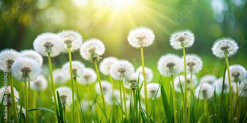 White fluffy dandelions on green grass at spring with flying feathers, macro