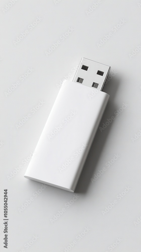 A sleek white USB drive mockup on a light grey backdrop, showcasing its design A sleek white USB drive mockup on a light grey backdrop, showcasing its design