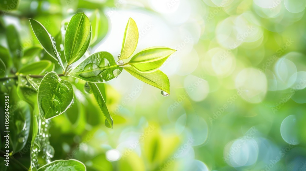 Fresh Green Leaves with Dew Drops Fresh Green Leaves with Dew Drops