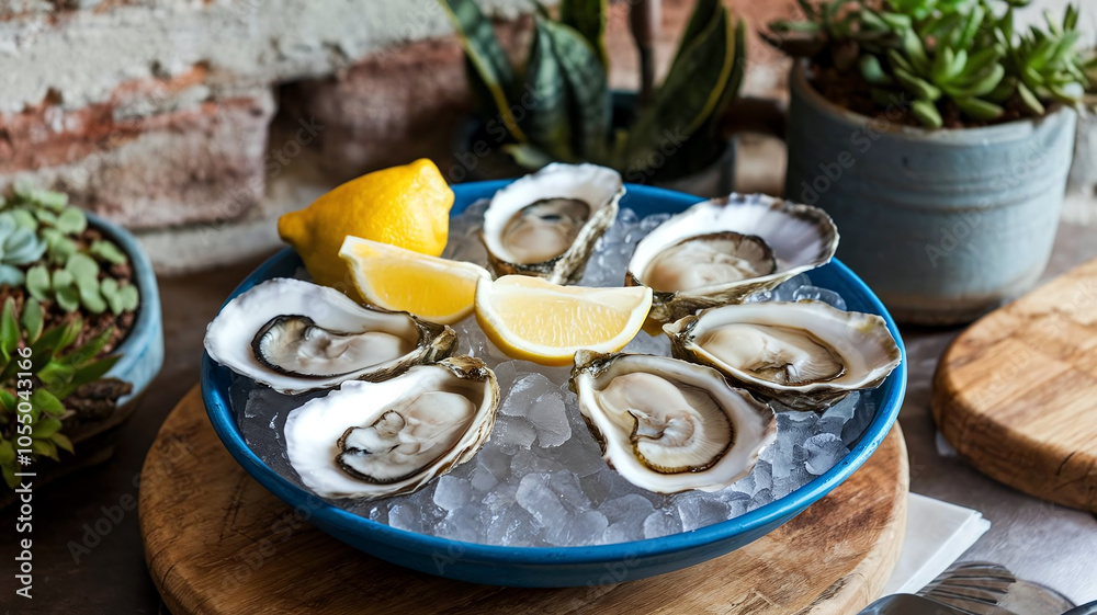 Plate of fresh oysters on ice garnished with lemon wedges, presented in a restaurant setting, perfect for seafood-themed culinary and dining imagery. Plate of fresh oysters on ice garnished with lemon wedges, presented in a restaurant setting, perfect for seafood-themed culinary and dining imagery.