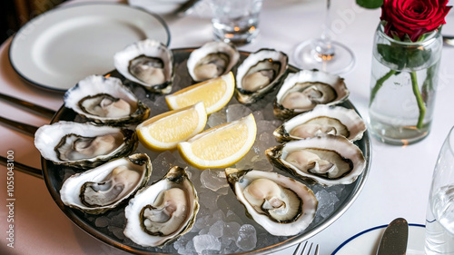 Plate of fresh oysters on ice garnished with lemon wedges, presented in a restaurant setting, perfect for seafood-themed culinary and dining imagery. 