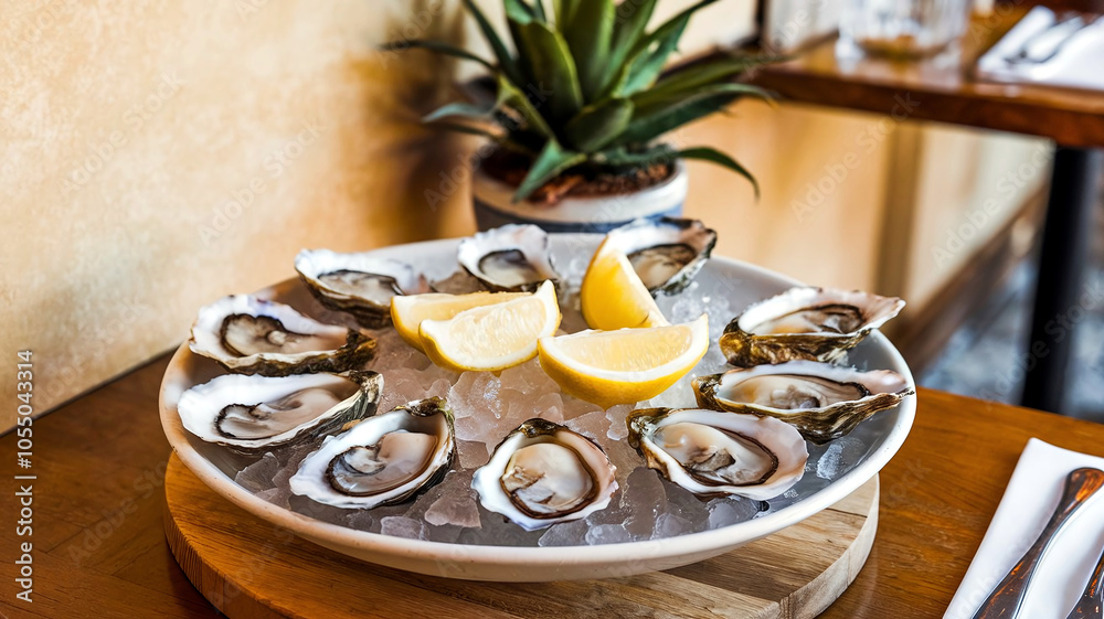 Plate of fresh oysters on ice garnished with lemon wedges, presented in a restaurant setting, perfect for seafood-themed culinary and dining imagery. Plate of fresh oysters on ice garnished with lemon wedges, presented in a restaurant setting, perfect for seafood-themed culinary and dining imagery.